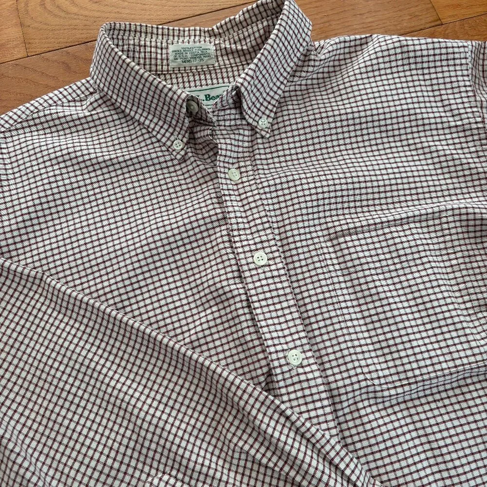 Vintage LL Bean Shirt Mens 17-35 Red Blue‎ Check Single Needle Tailoring Pocket